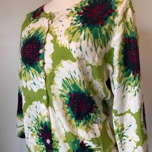 Garnet Hill Merino Wool Green and Cream Knit Sweater